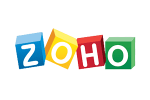 Four building blocks of different colors that spell out Zoho